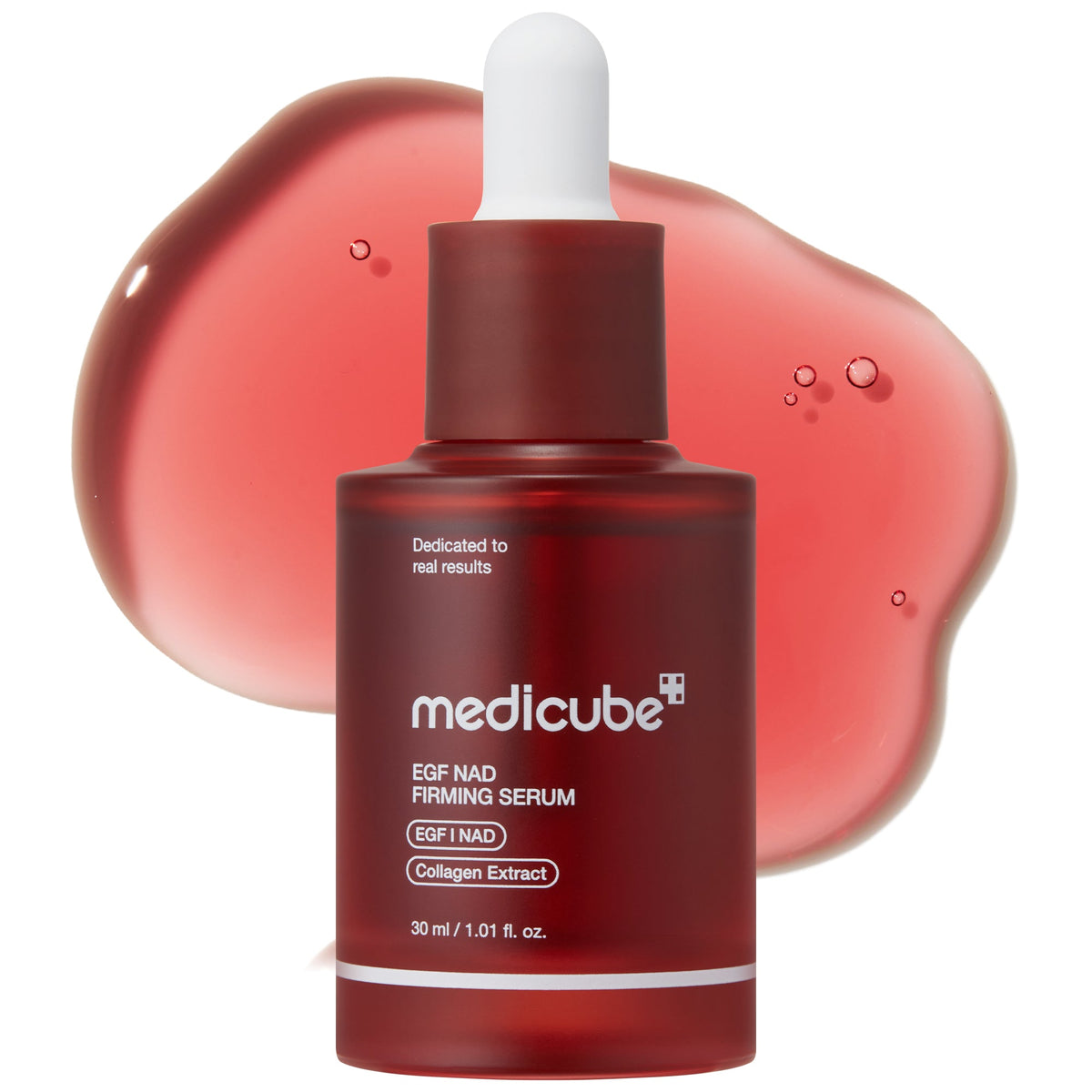 Deep red medicube EGF NAD+ Firming Serum dropper bottle against a translucent pink serum background.